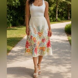 Talbots Linen Cotton Blend A-Line Off White & Floral Midi Skirt Size 12